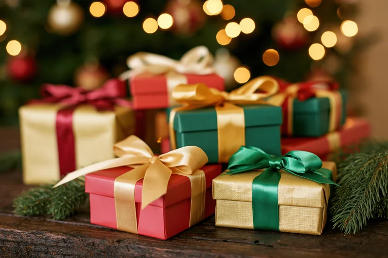 Wrapped christmas gift boxes in red green and gold on wooden table with blurred tree lights in background