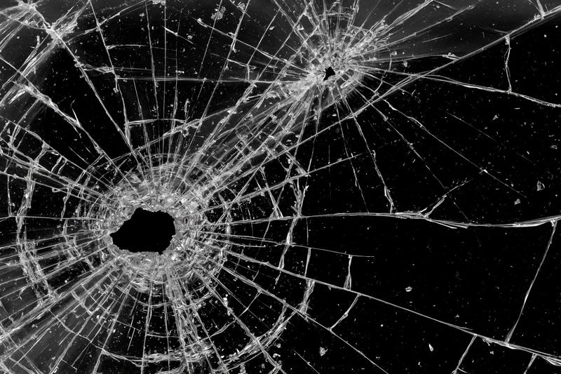 Shattered glass pane with radial cracks and holes against black background