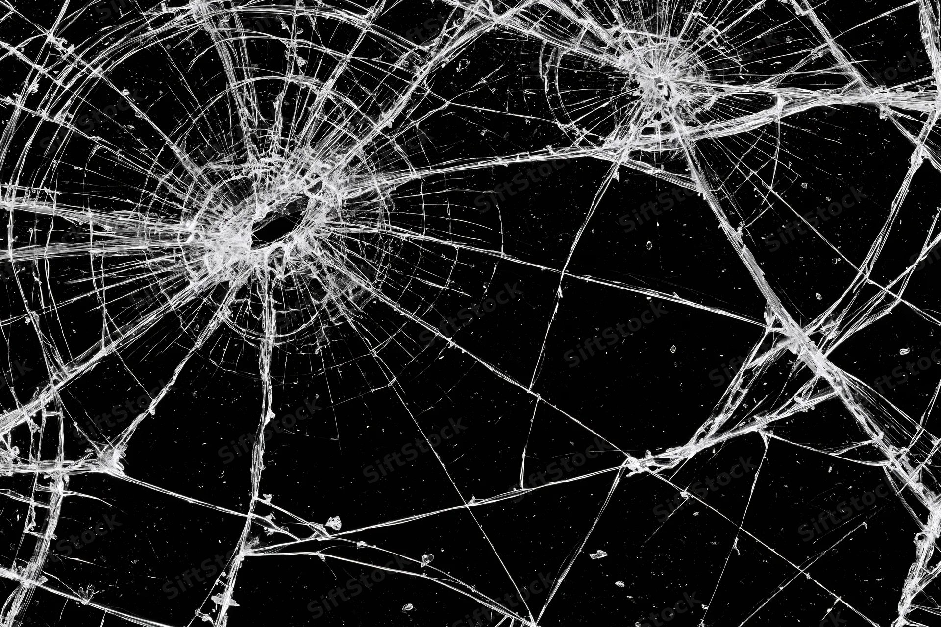 Shattered glass pane with radial cracks across black background