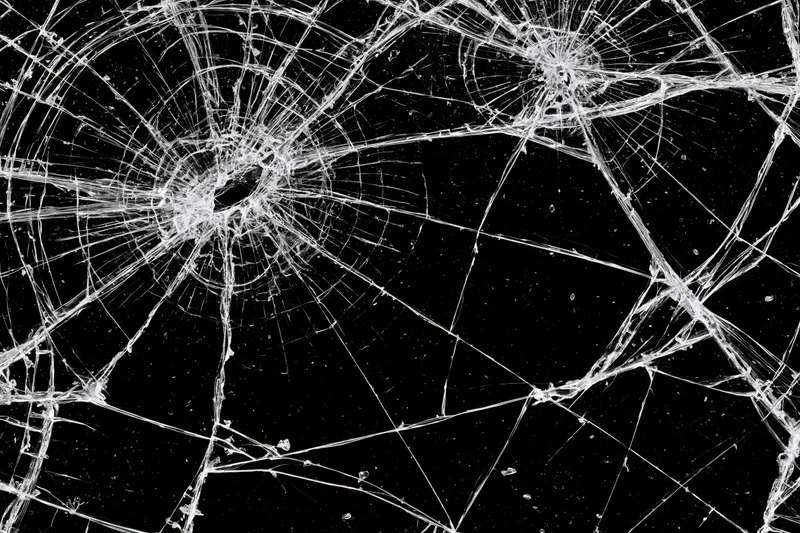 Shattered glass pane with radial cracks across black background