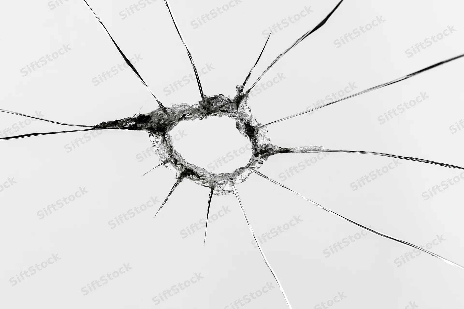 Shattered glass pane with central impact hole and radial cracks on white background