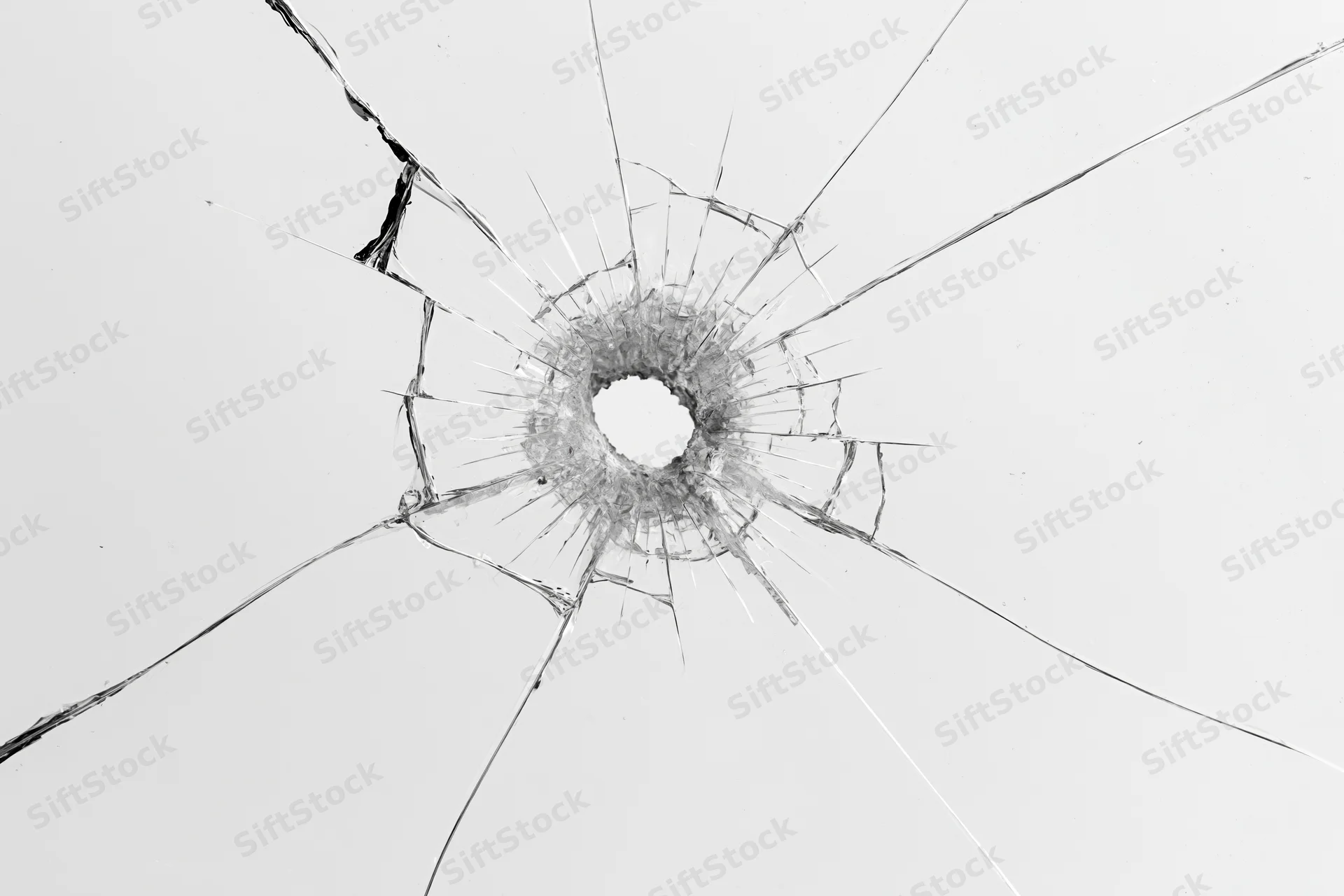 Shattered glass pane with central impact hole and radiating cracks against white background