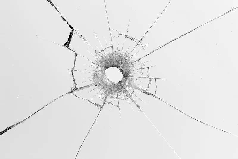 Shattered glass pane with central impact hole and radiating cracks against white background