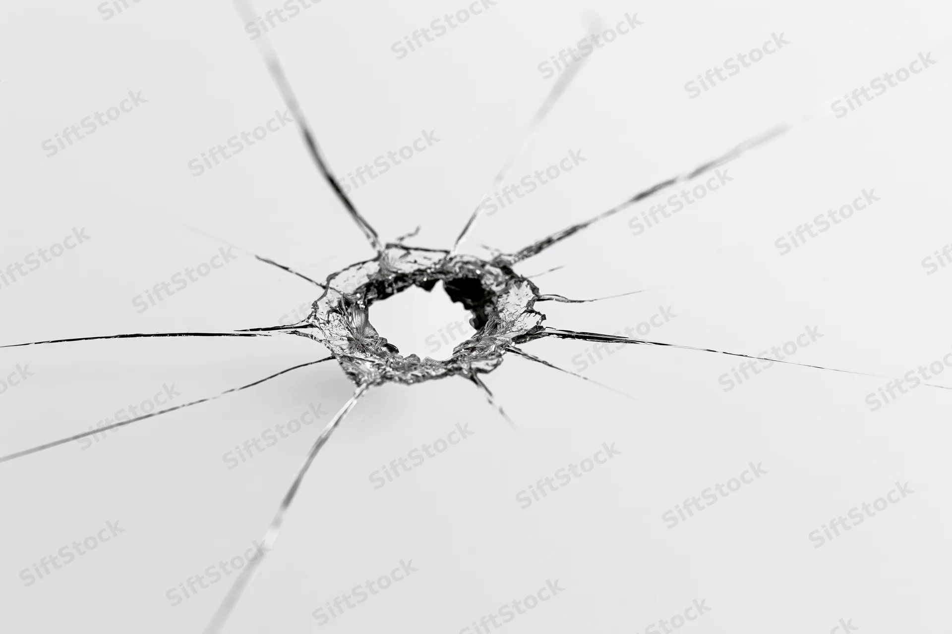 Shattered glass pane with central impact hole and radiating cracks on white background