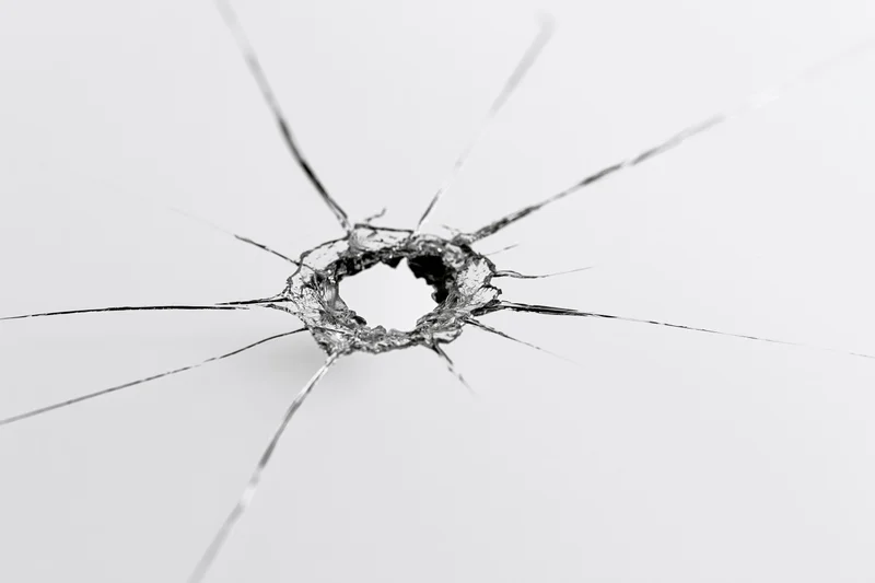 Shattered glass pane with central impact hole and radiating cracks on white background