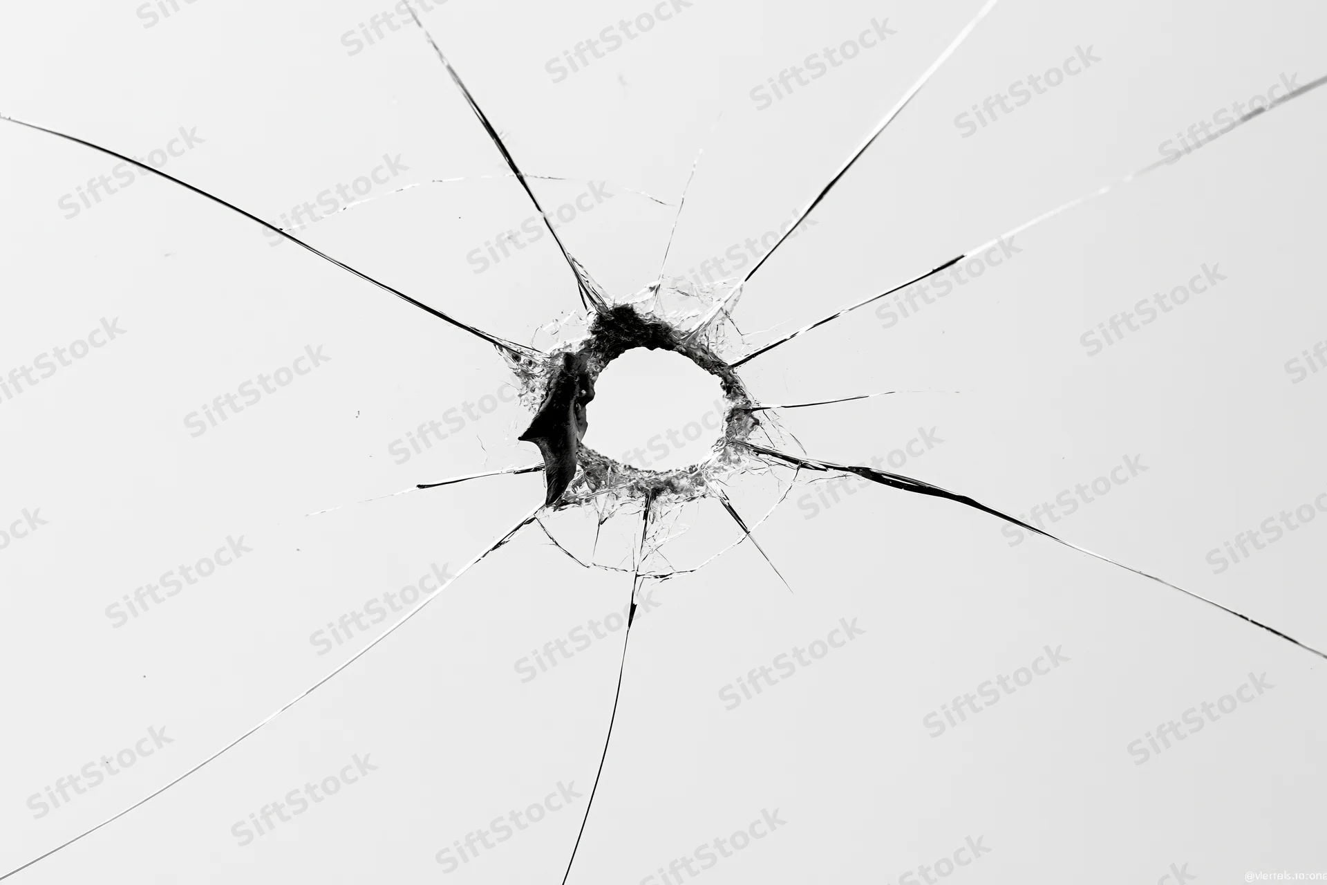 Shattered glass pane with central impact hole and radiating cracks against white background