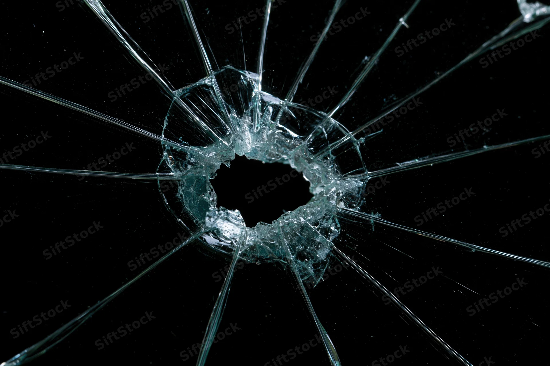 Shattered glass pane with central hole and radial cracks against black background