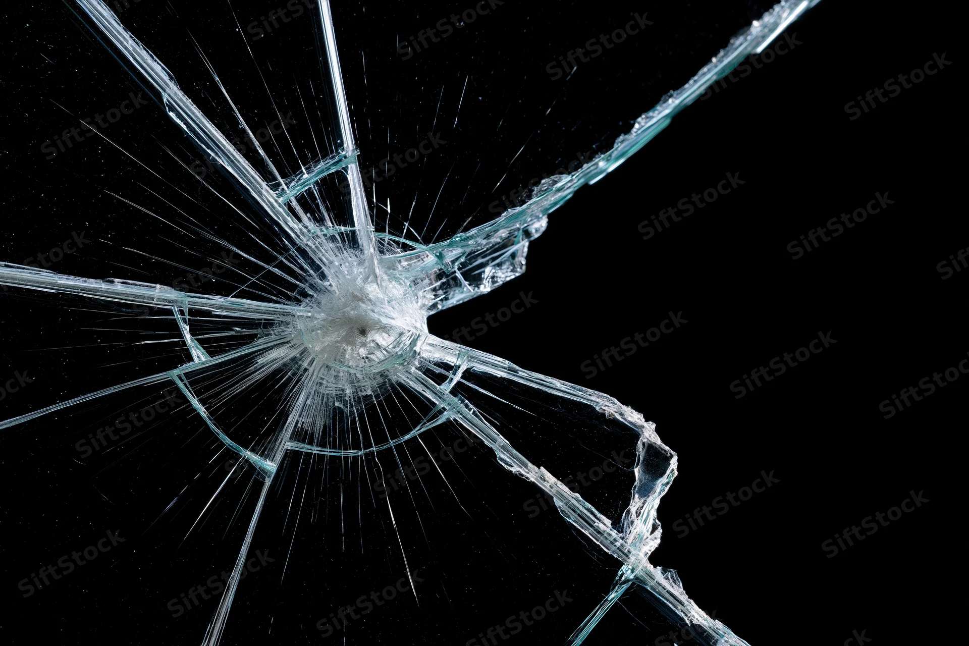 Shattered glass pane with radial cracks from central impact point against black background