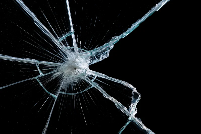 Shattered glass pane with radial cracks from central impact point against black background