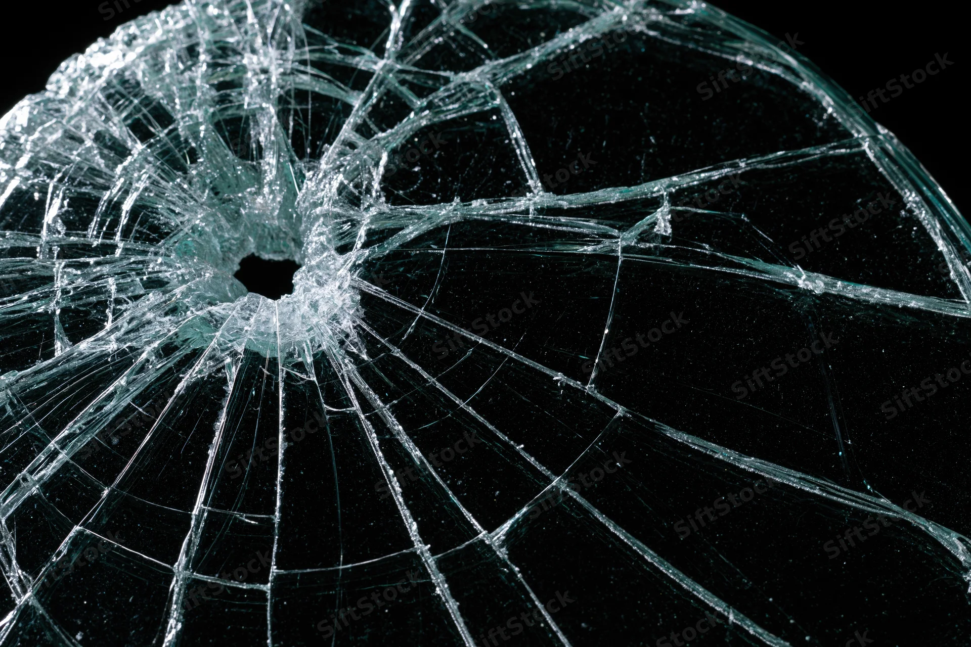 Shattered glass pane with central hole and radiating cracks against black background