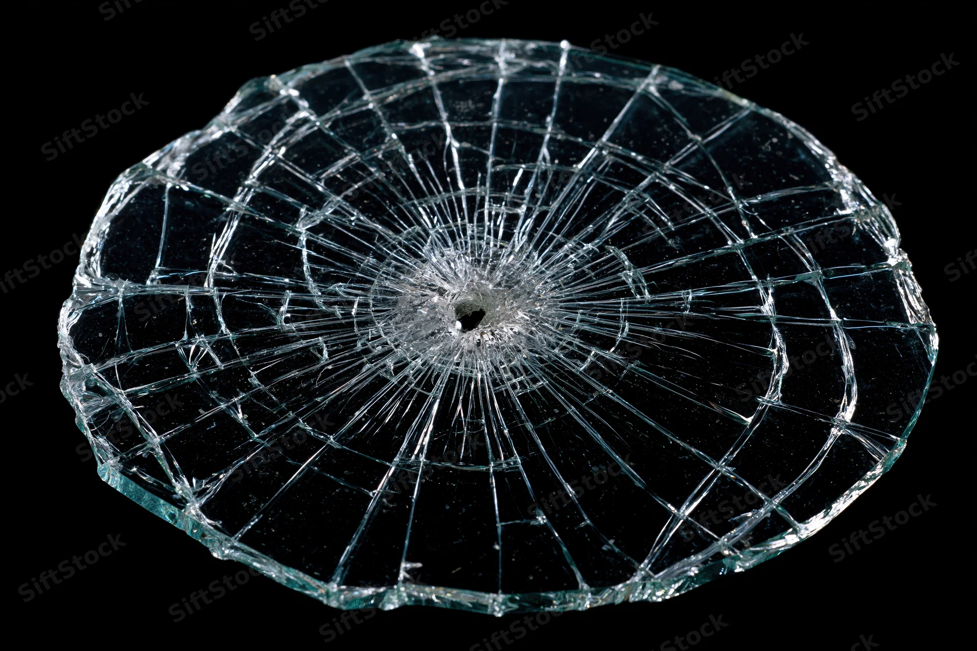 Shattered glass pane with radial cracks from central impact point on black background