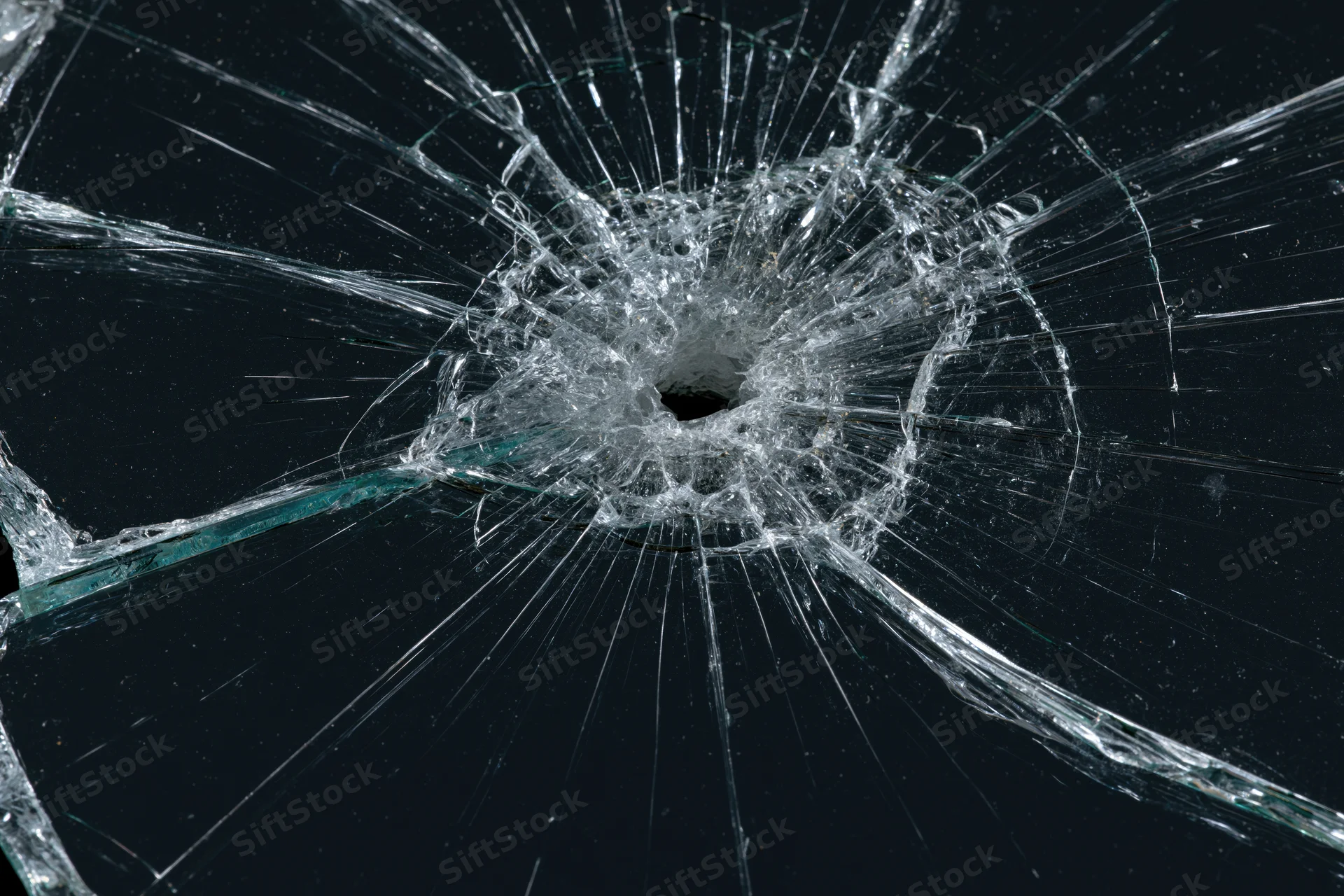 Shattered glass pane with central impact hole and radial cracks against dark background