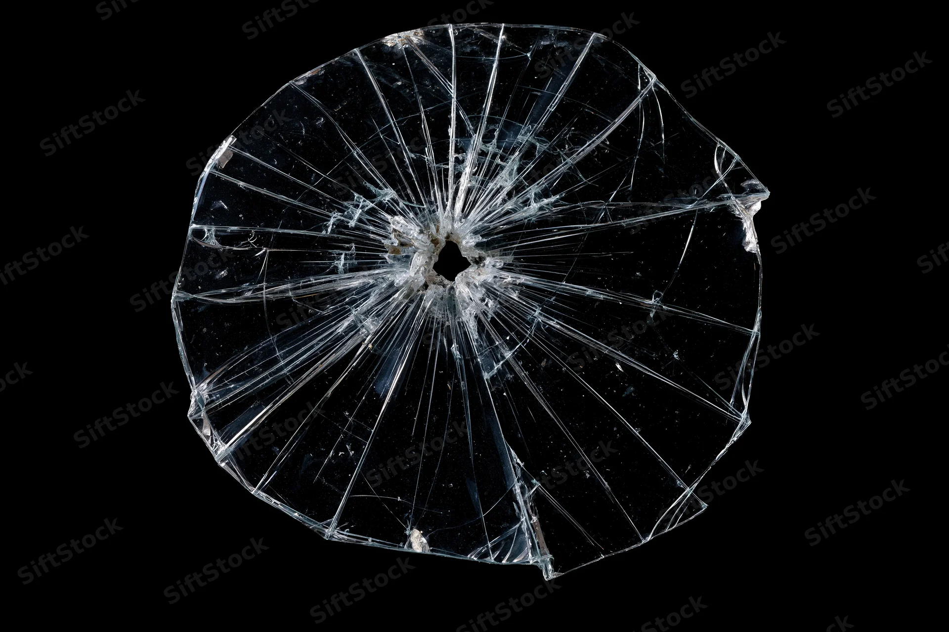 Shattered glass pane with radial cracks from central impact point isolated on black background