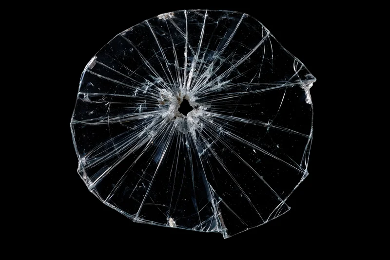 Shattered glass pane with radial cracks from central impact point isolated on black background