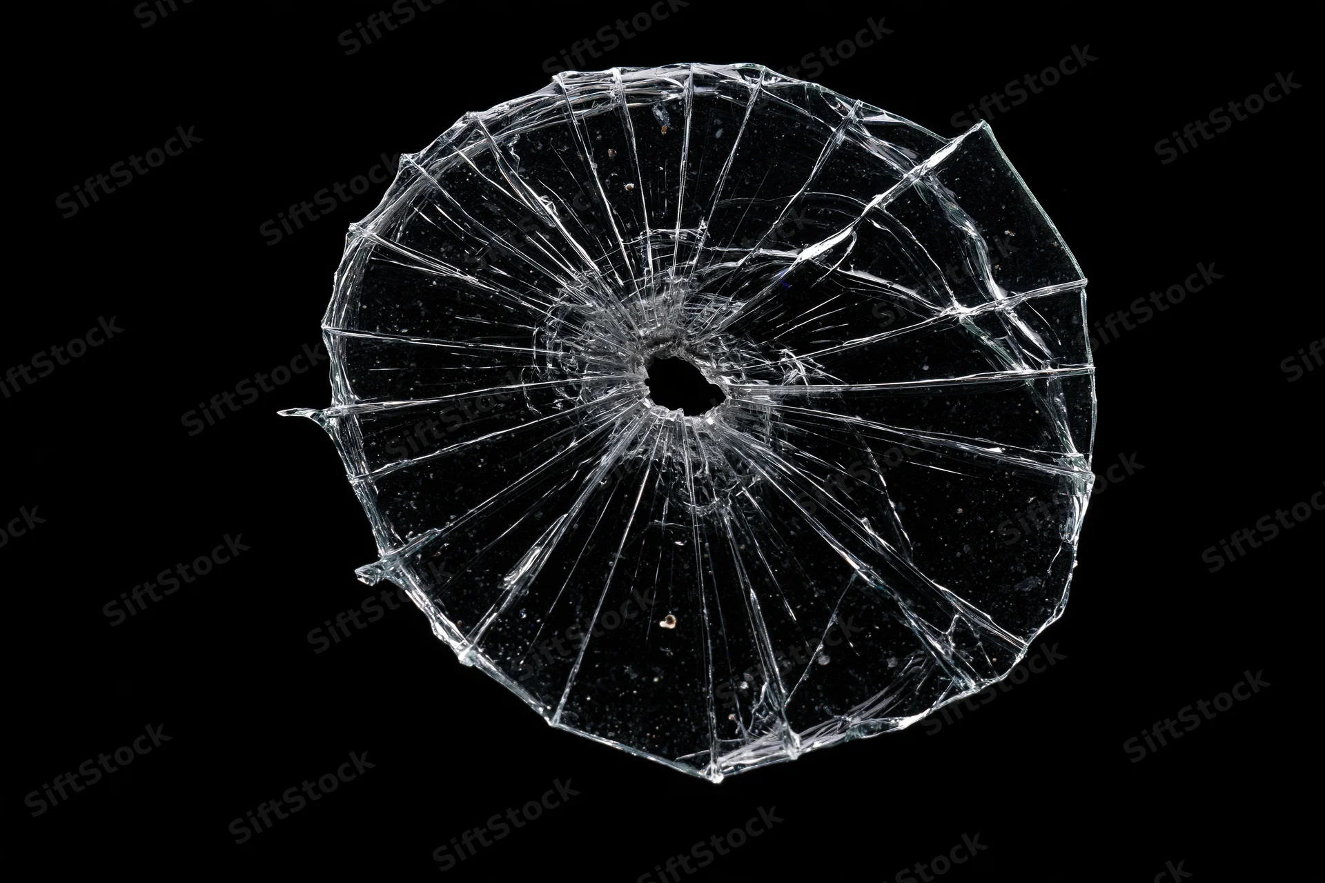 Shattered glass pane with radial cracks from central impact point on black background