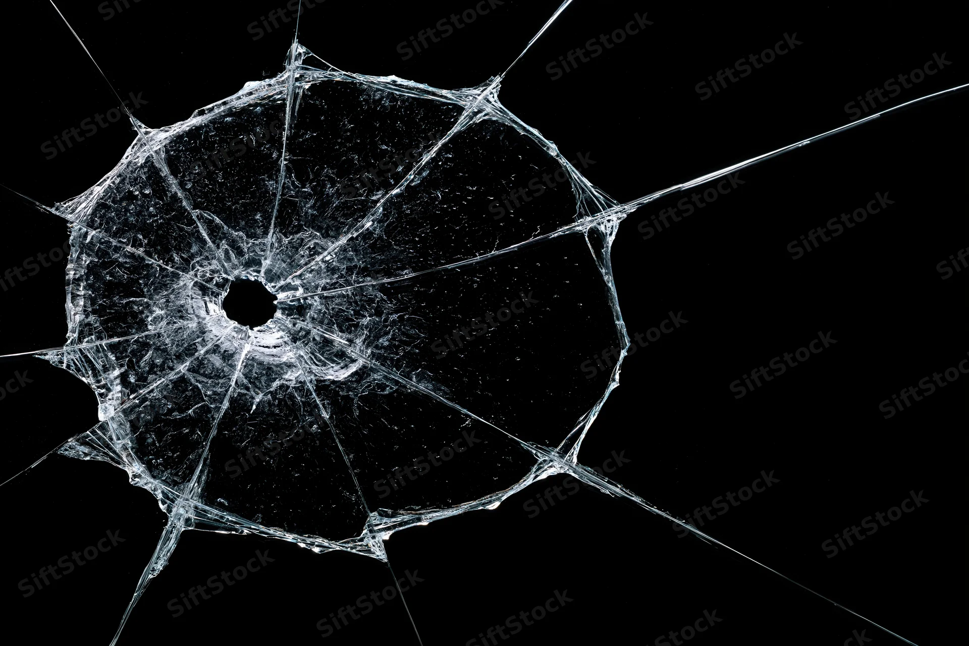 Shattered glass pane with central hole and radial cracks on black background