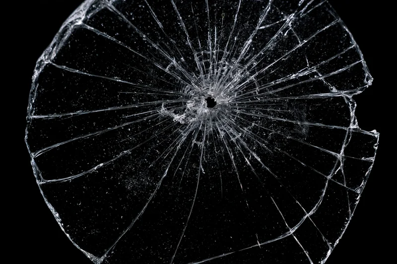 Shattered glass pane with radial cracks from central impact point against black background