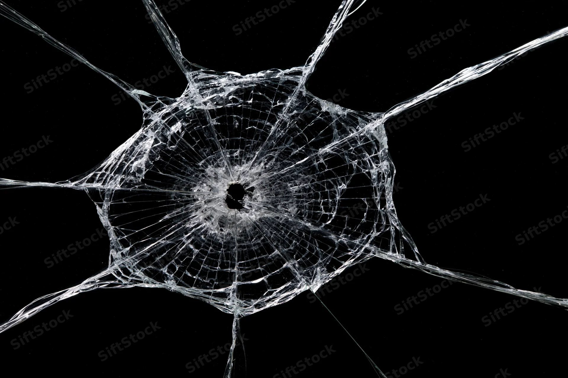 Shattered glass pane with central impact point radiating cracks against black background