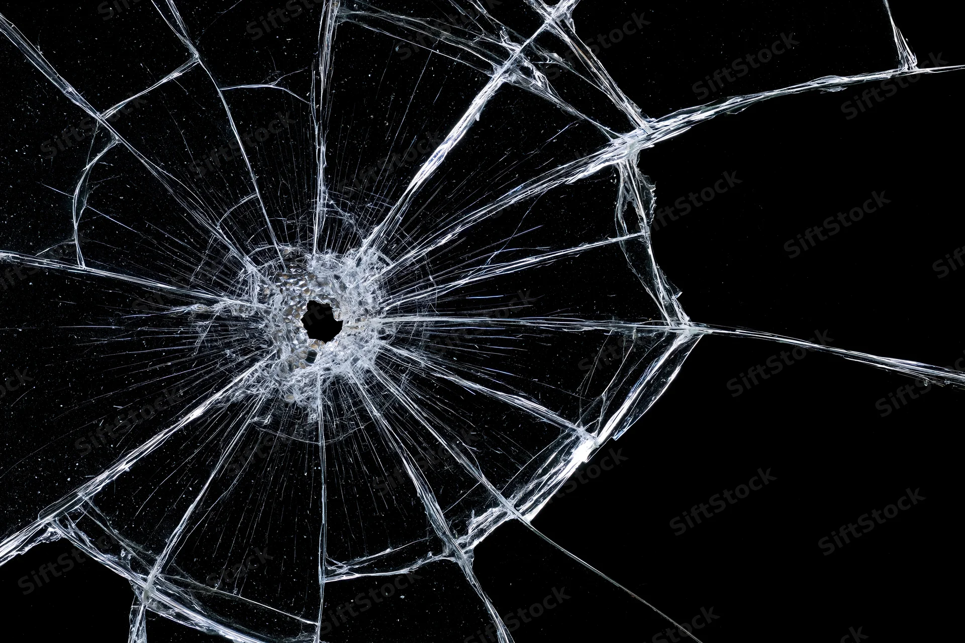 Shattered glass pane with central impact point radiating cracks against black background