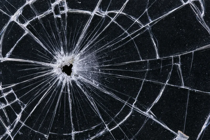Shattered glass panel with central impact point radiating cracks against dark background