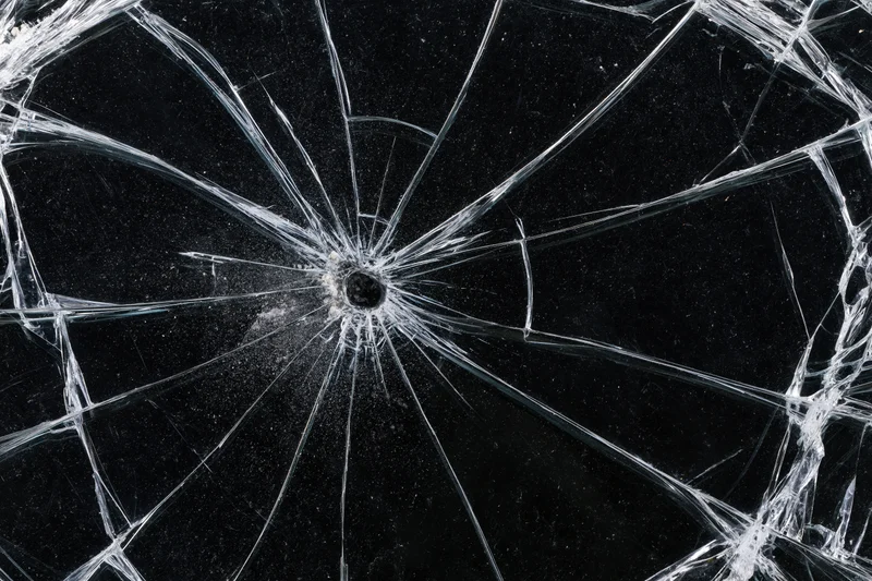 Shattered glass panel with radial cracks from central impact point against dark background