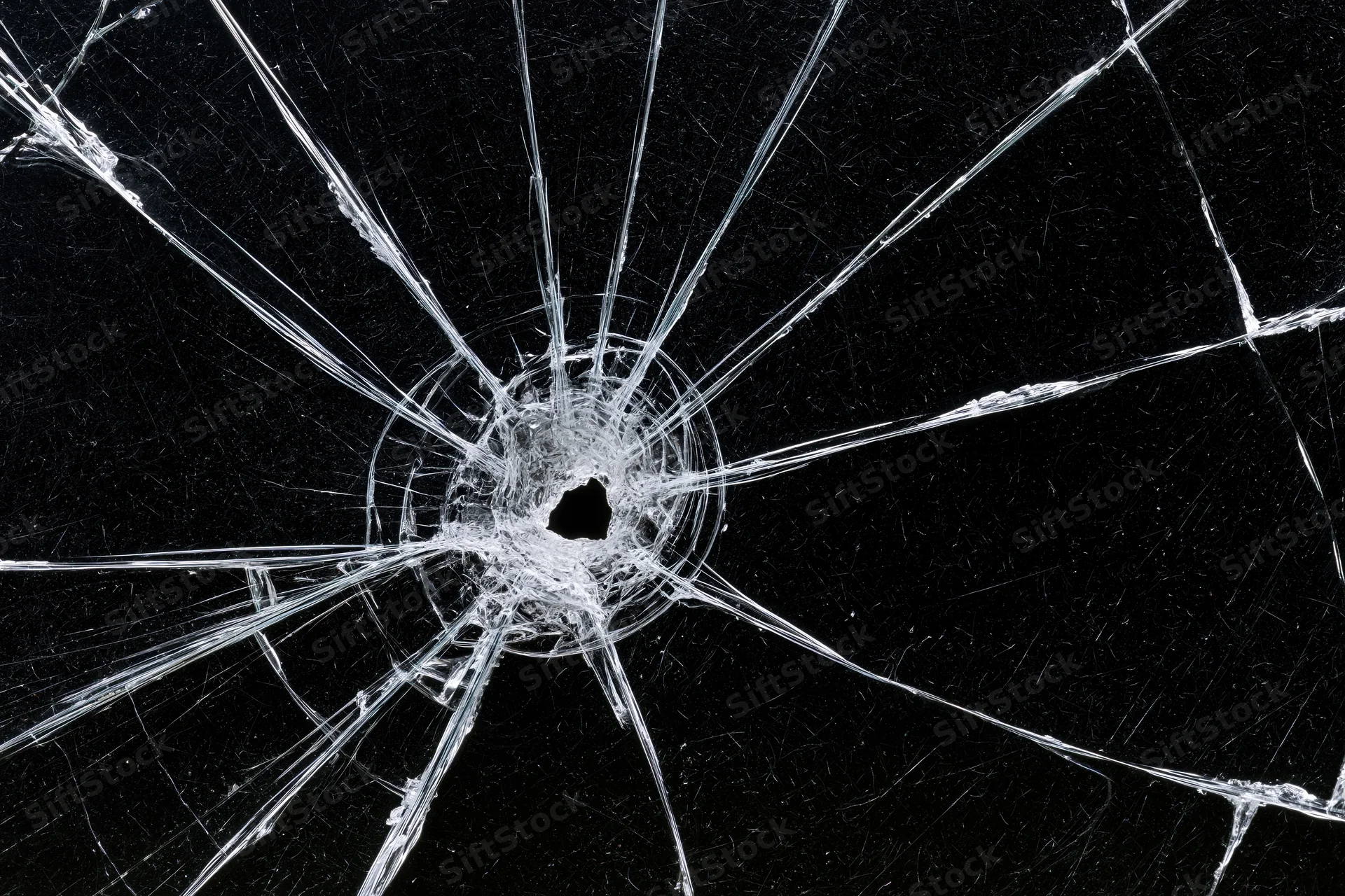 Shattered glass surface with radial cracks from central impact point on black background