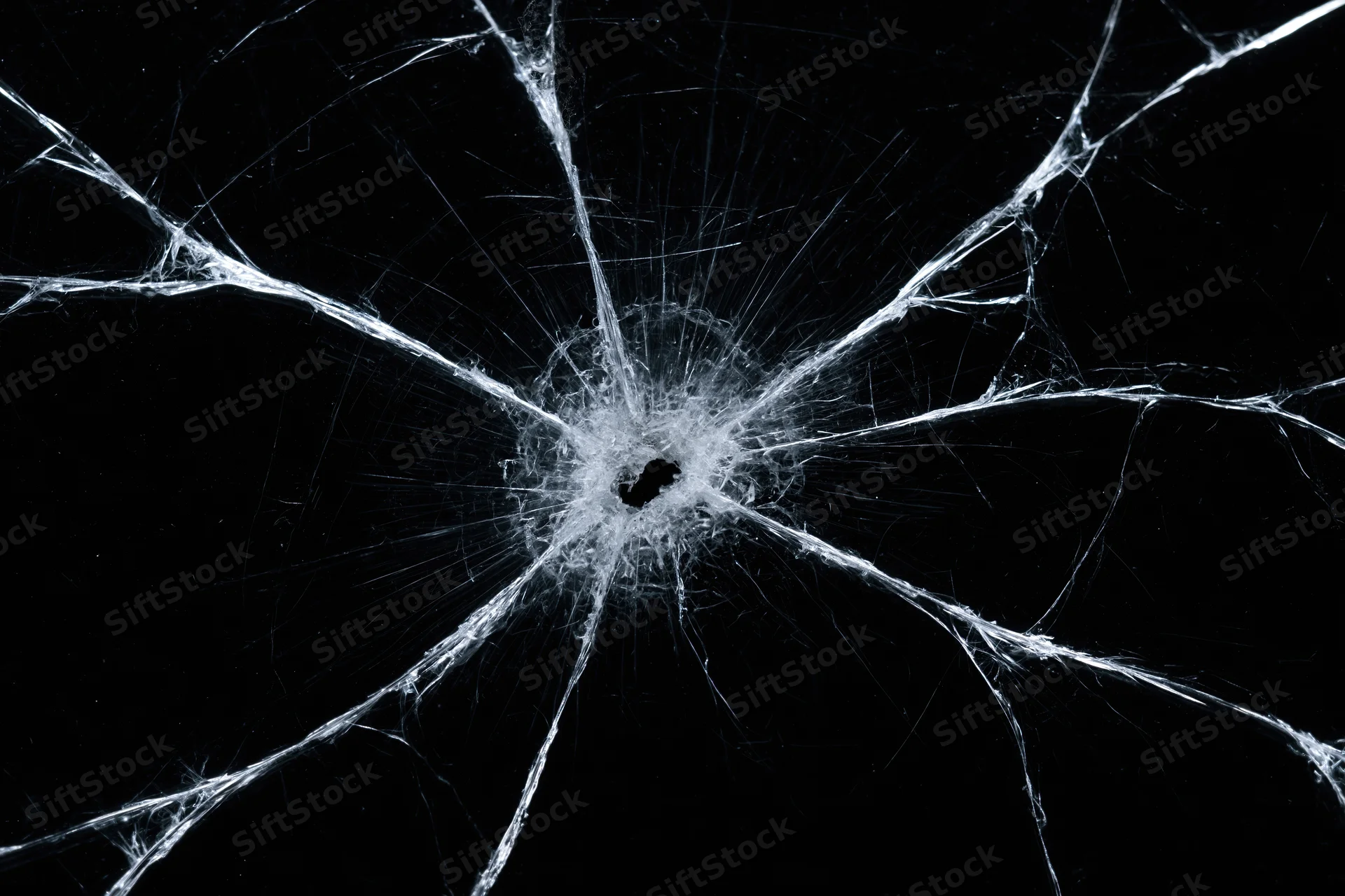 Shattered glass surface with radial cracks from central impact point on black background