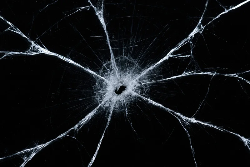 Shattered glass surface with radial cracks from central impact point on black background
