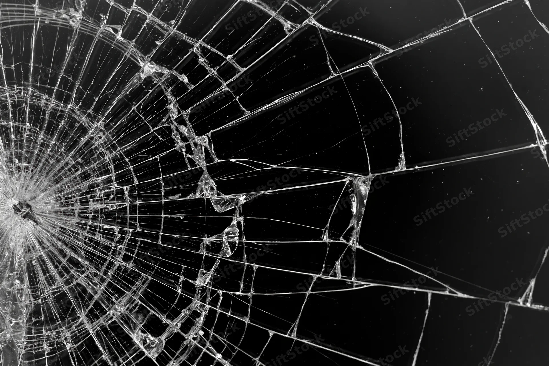Shattered glass surface with radiating crack lines spreading across dark background