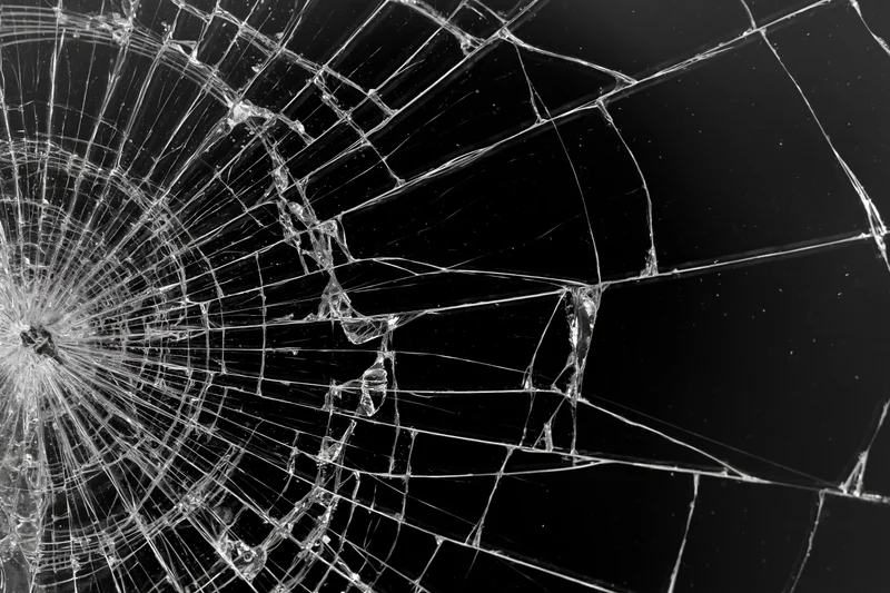 Shattered glass surface with radiating crack lines spreading across dark background