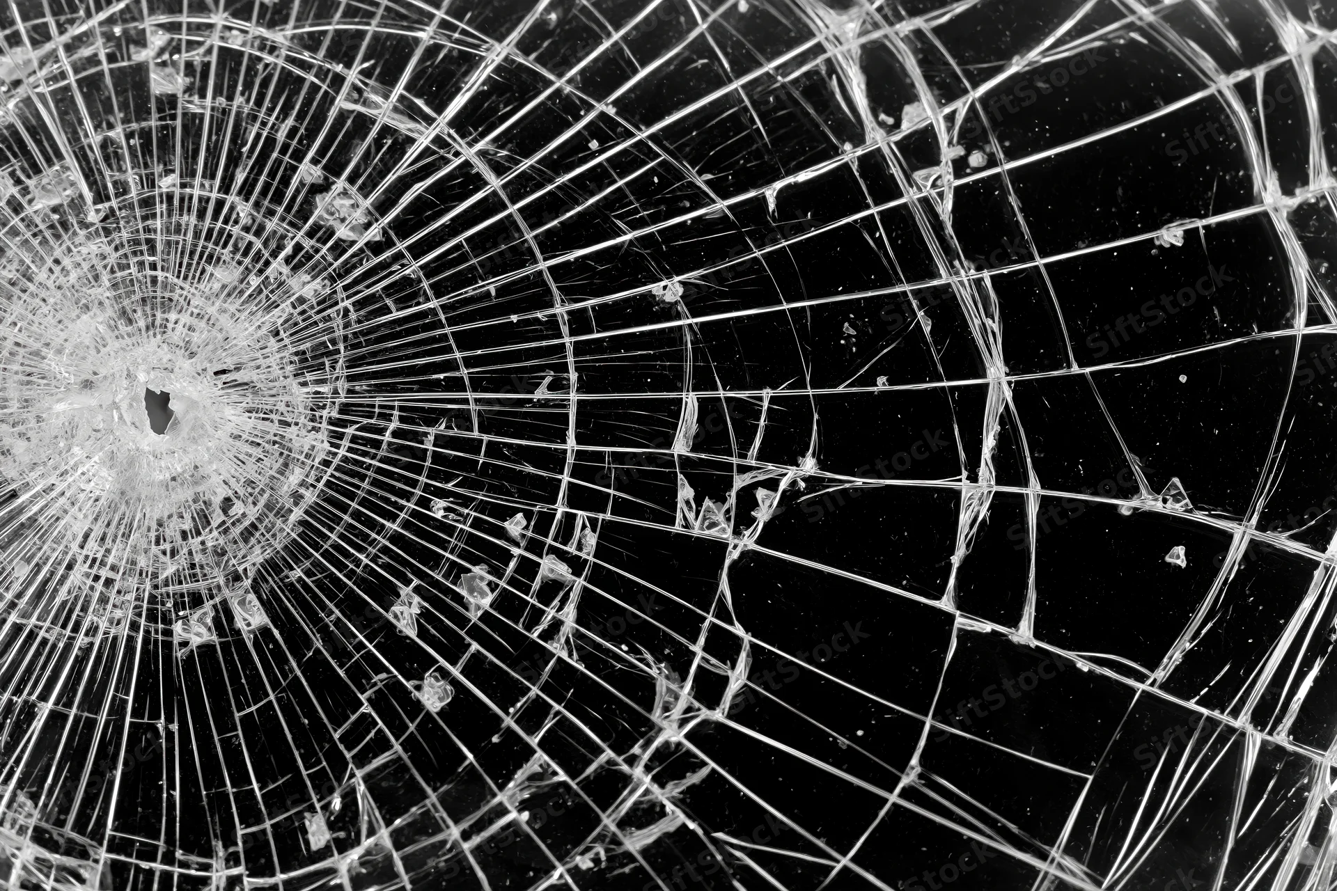 Shattered glass surface with radiating crack lines spreading from central impact point