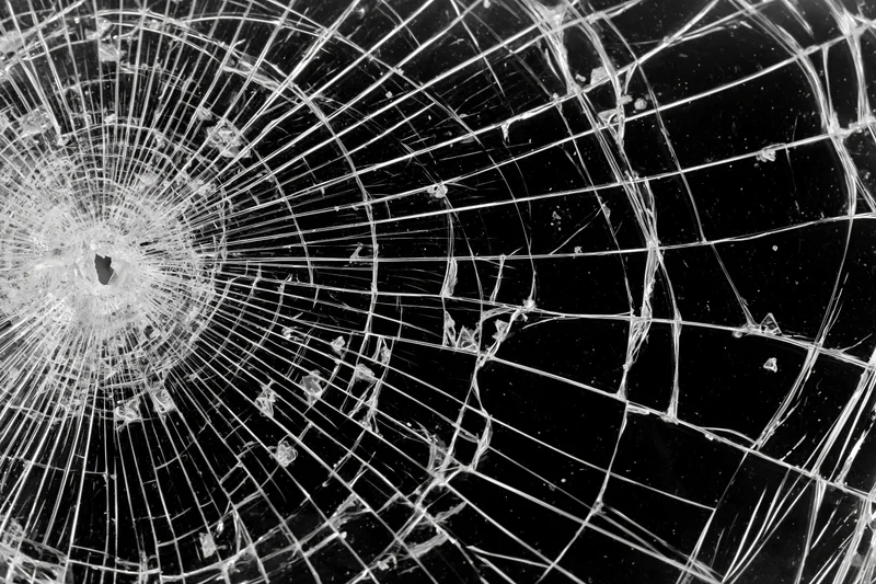 Shattered glass surface with radiating crack lines spreading from central impact point