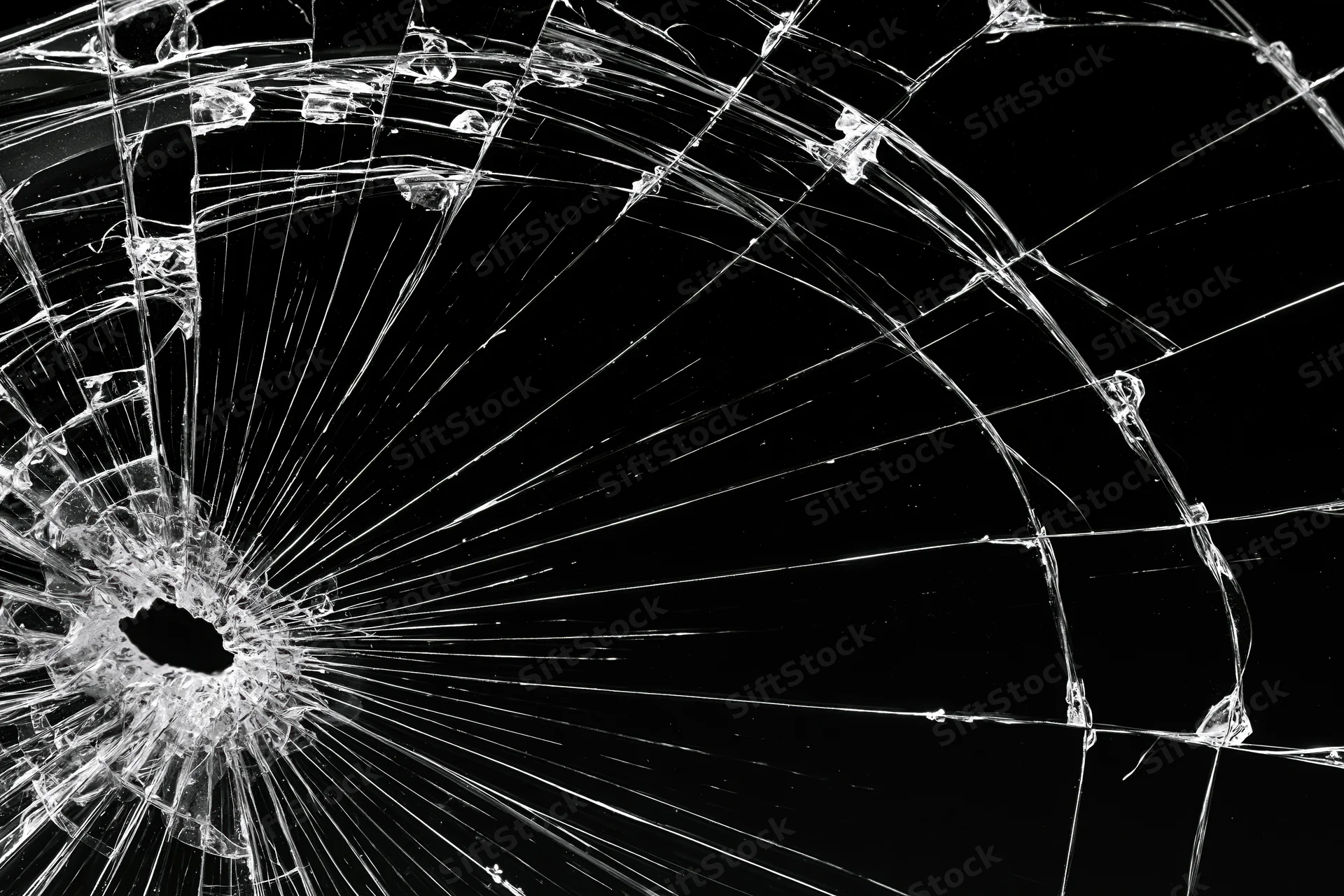 Shattered glass surface with radiating cracks spreading from central hole against black background