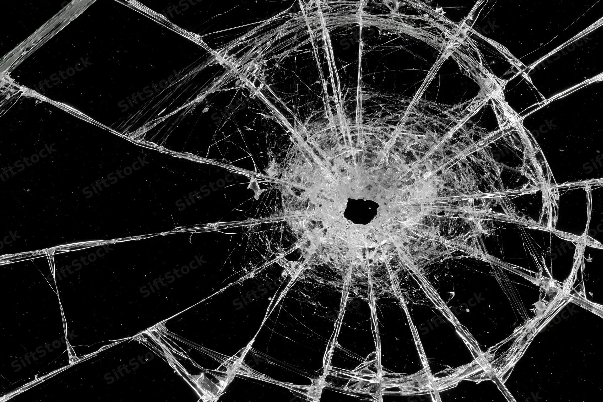 Shattered glass with radial cracks from central impact point on black background