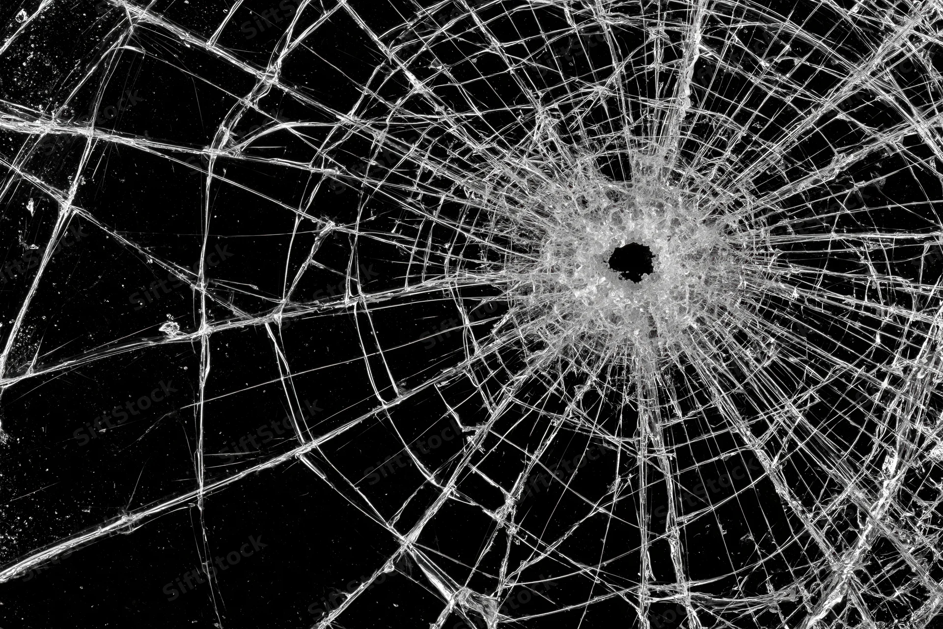 Shattered glass with radial cracks from central impact point on black background