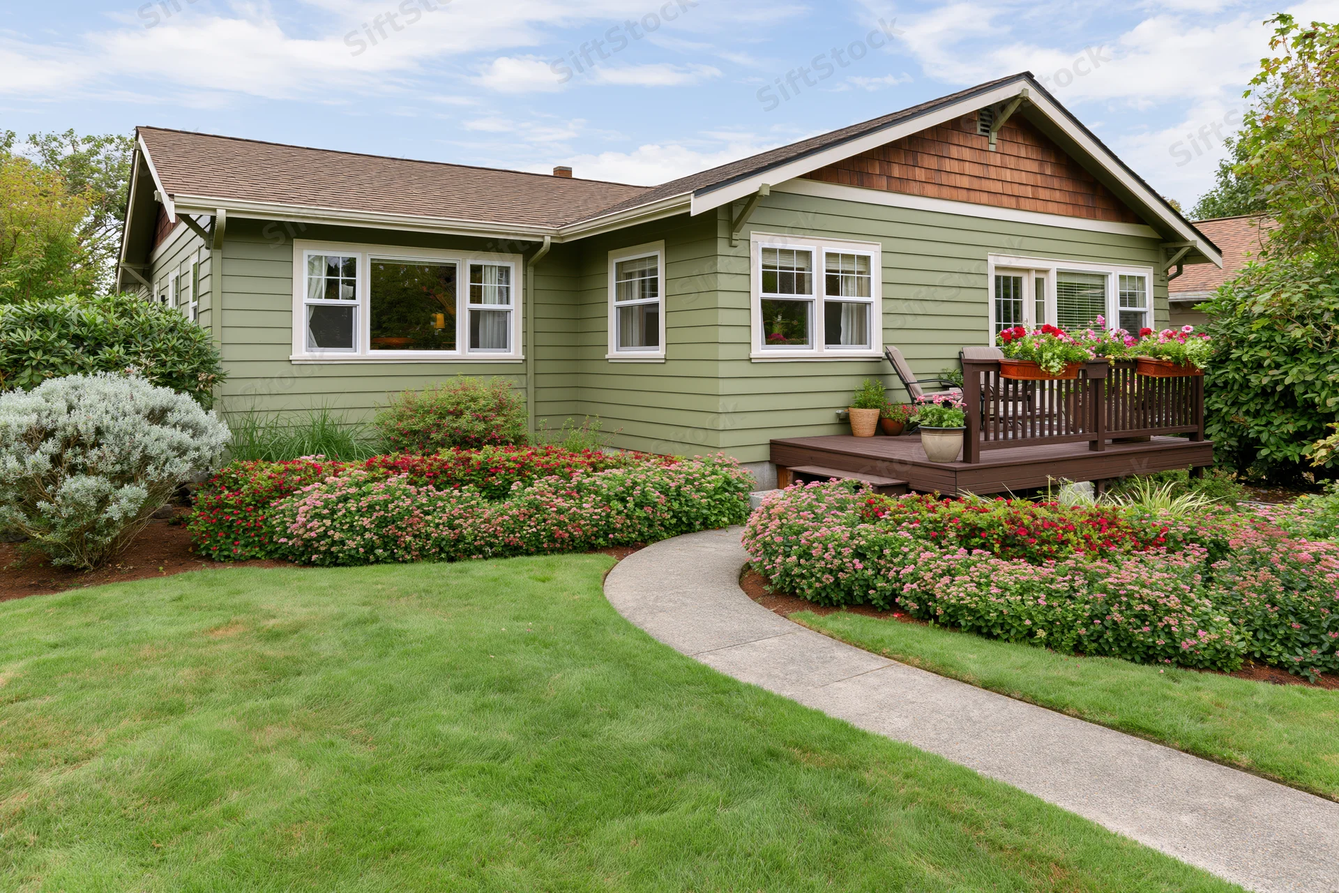 Single-story craftsman house with olive green lap siding and landscaped front yard featuring curved concrete pathway, flower beds, and wooden deck porch