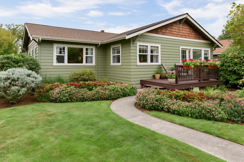 Single-story craftsman house with olive green lap siding and landscaped front yard featuring curved concrete pathway, flower beds, and wooden deck porch