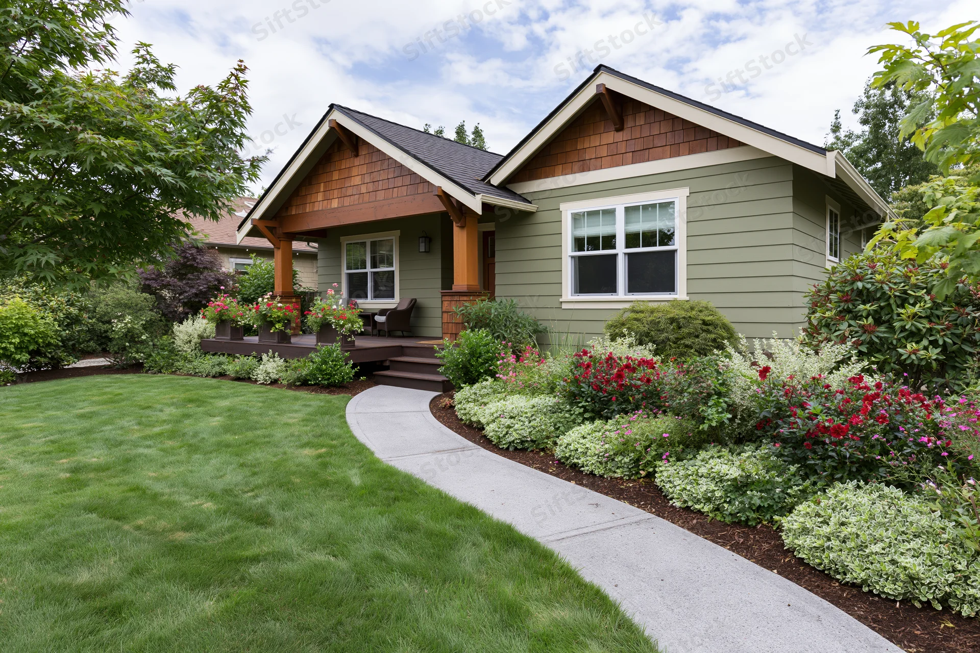 Single-story craftsman house with olive green siding and landscaped front yard featuring a curved sidewalk, flowering shrubs, and a covered porch