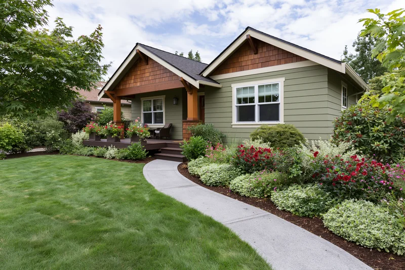 Single-story craftsman house with olive green siding and landscaped front yard featuring a curved sidewalk, flowering shrubs, and a covered porch