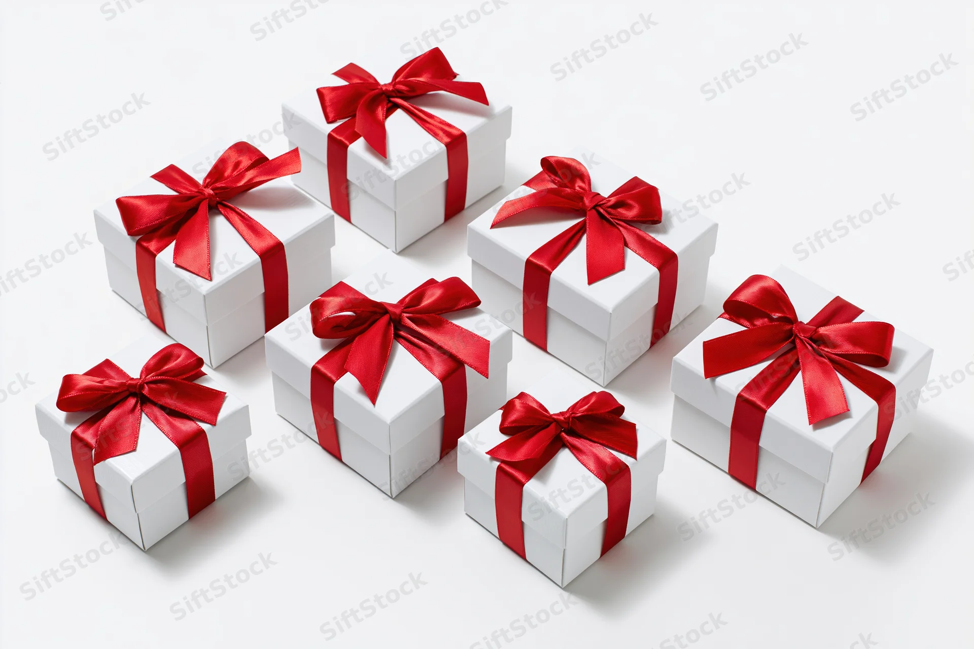 White gift boxes with red ribbons arranged in rows on white background