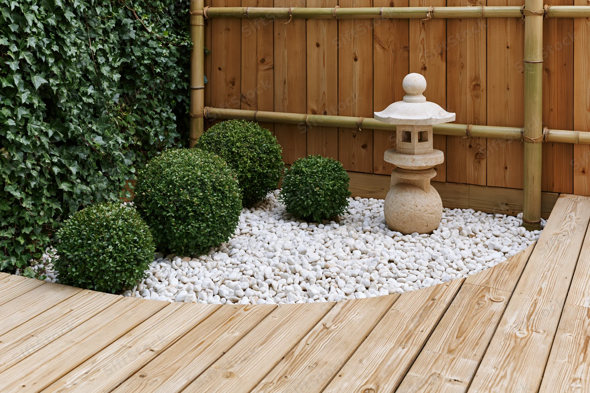 Japanese-style garden corner with stone lantern and trimmed boxwood shrubs on white pebbles beside wooden deck