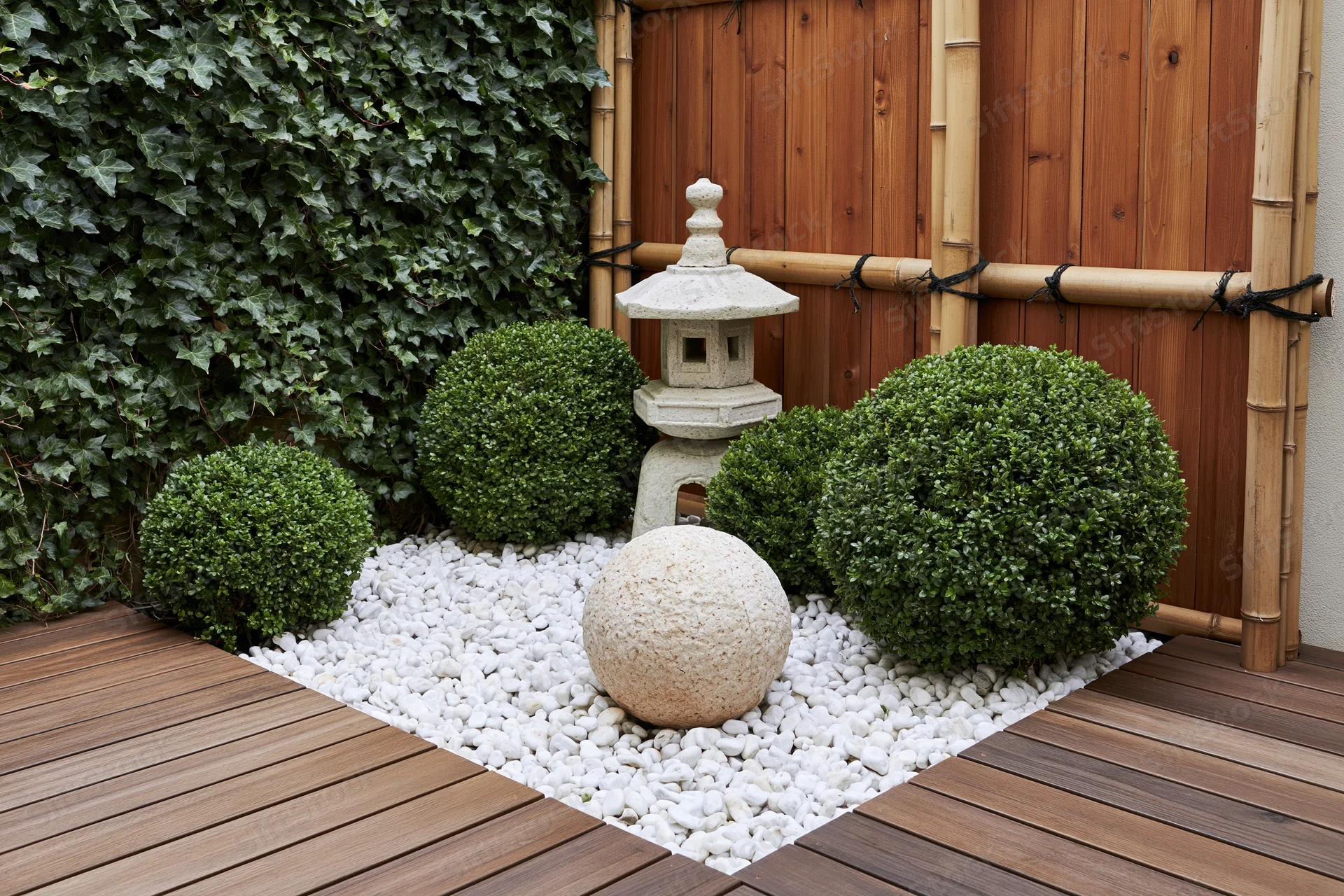 Japanese-style courtyard garden corner with stone lantern, trimmed boxwood, white pebbles, and bamboo fencing on wooden deck