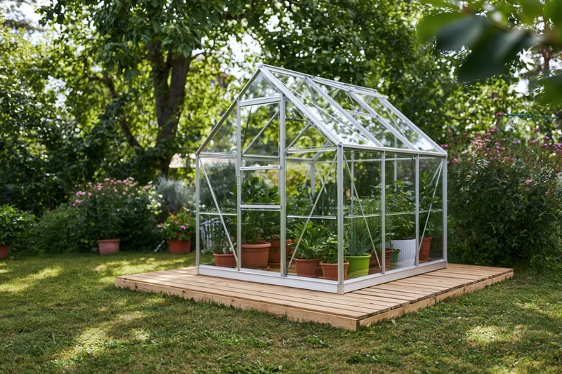 Small aluminum-framed glass greenhouse on wooden deck in garden with potted plants and trees around