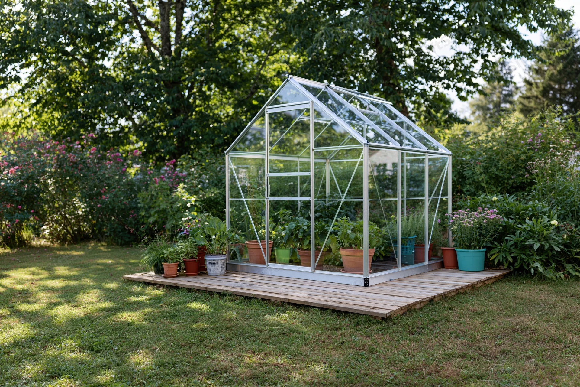 Small aluminum-framed glass greenhouse on wooden deck in garden with potted plants and surrounding greenery