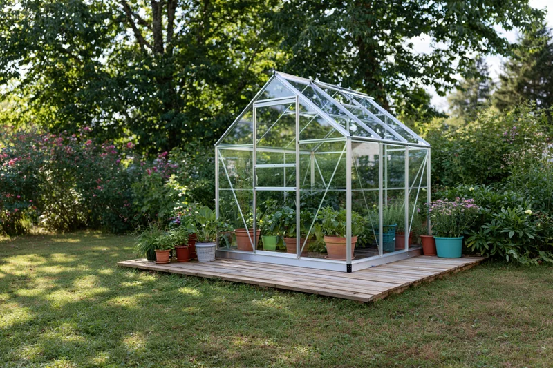 Small aluminum-framed glass greenhouse on wooden deck in garden with potted plants and surrounding greenery