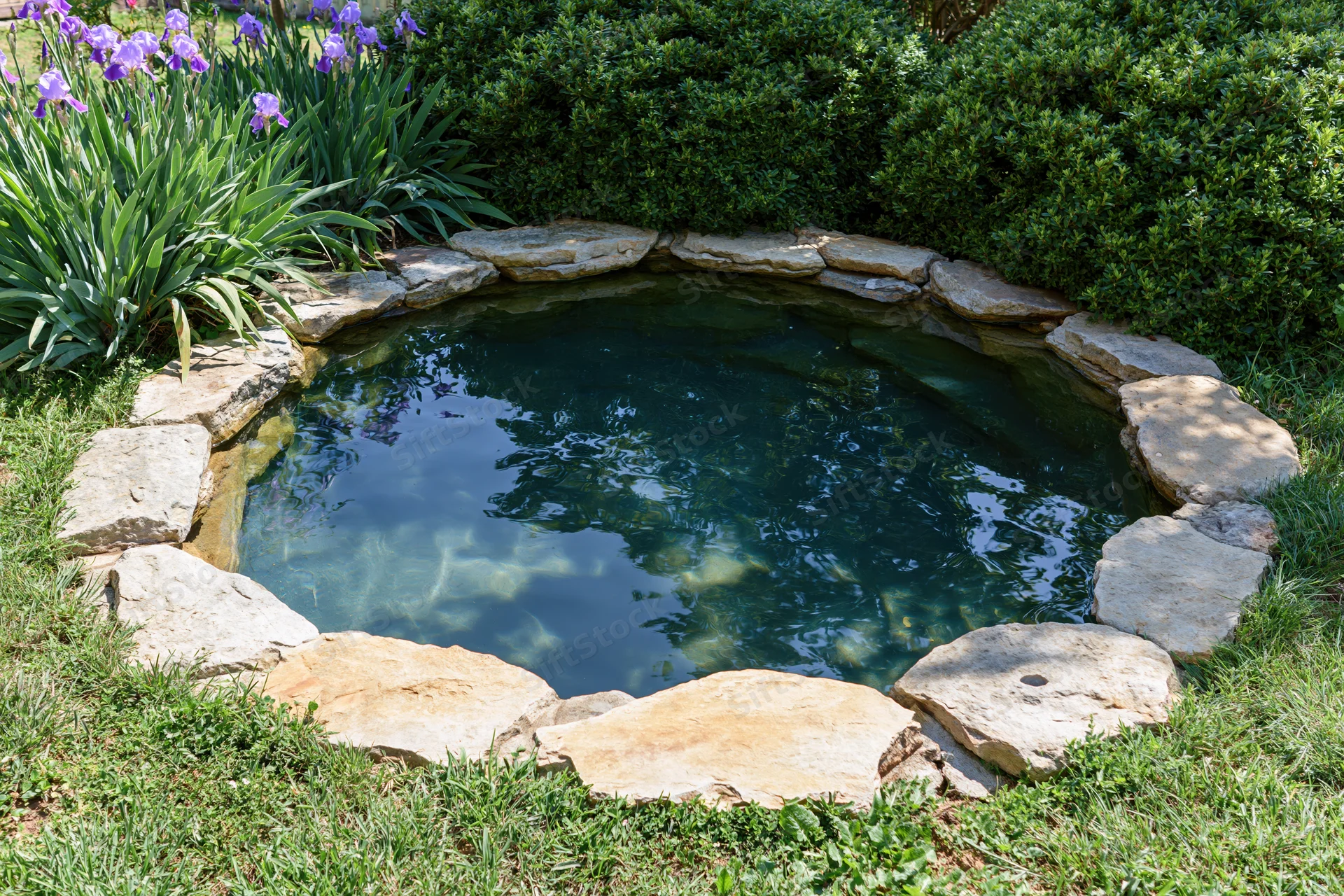 Circular garden pond edged with natural sandstone surrounded by green grass and purple iris flowers