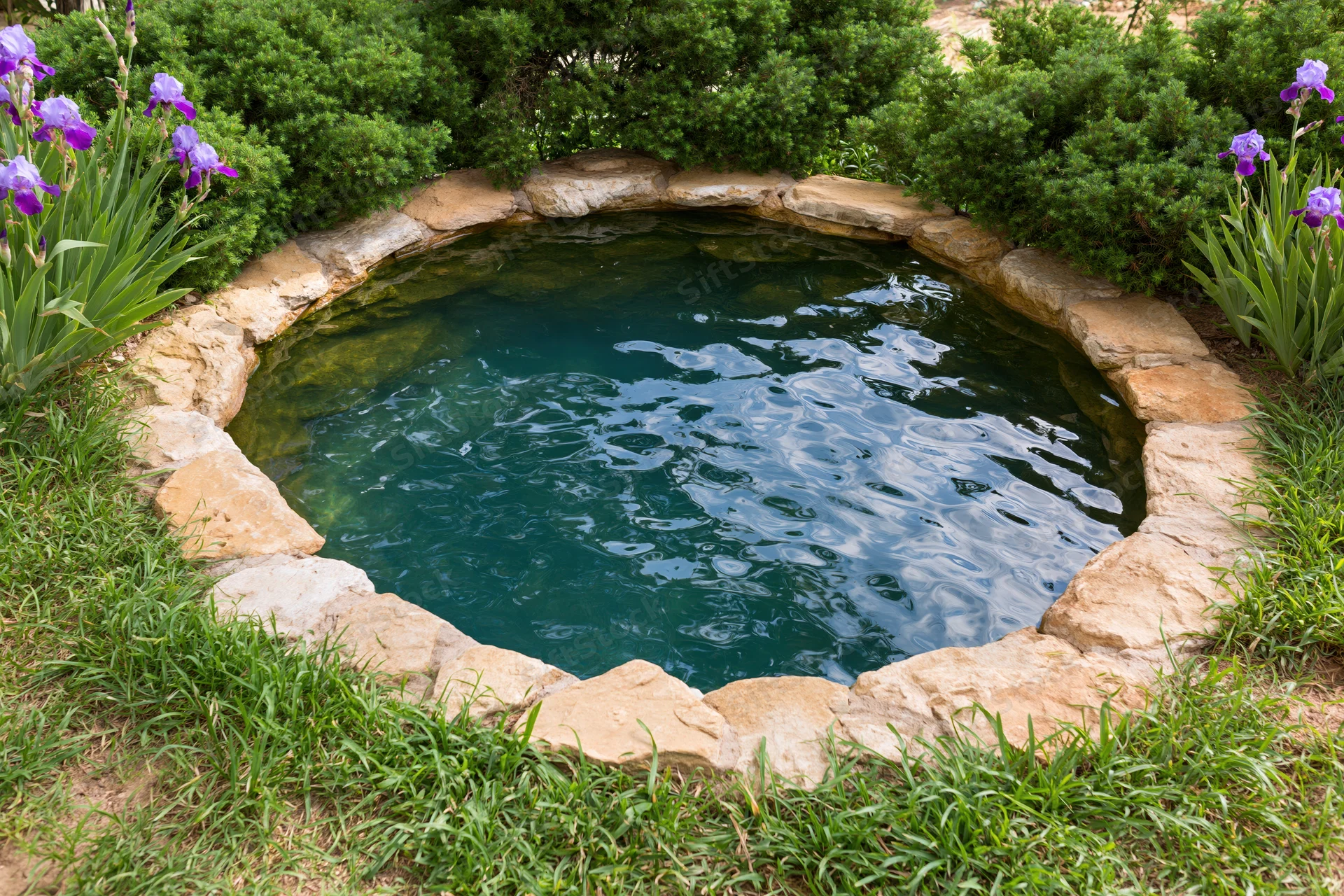 Circular garden pond edged with natural sandstone surrounded by green shrubs and purple iris flowers