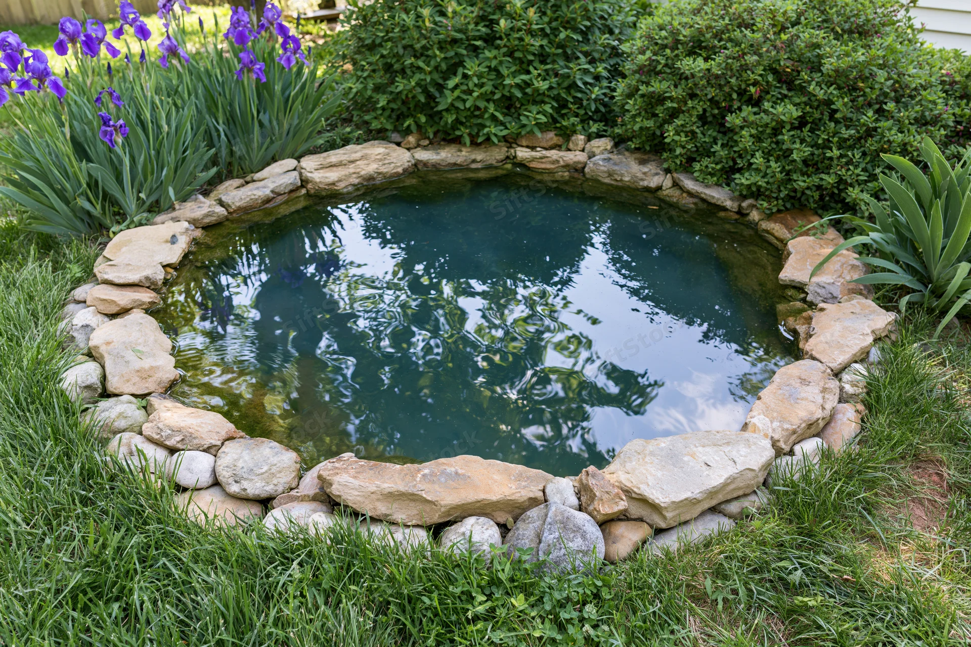 Small garden pond edged with natural sandstone surrounded by green grass and purple iris flowers