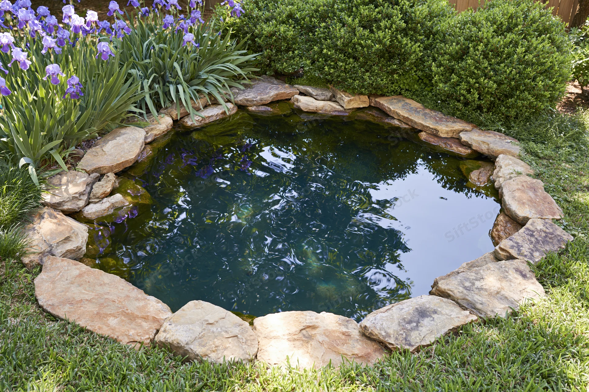 Small garden pond edged with natural sandstone surrounded by green grass and purple iris flowers