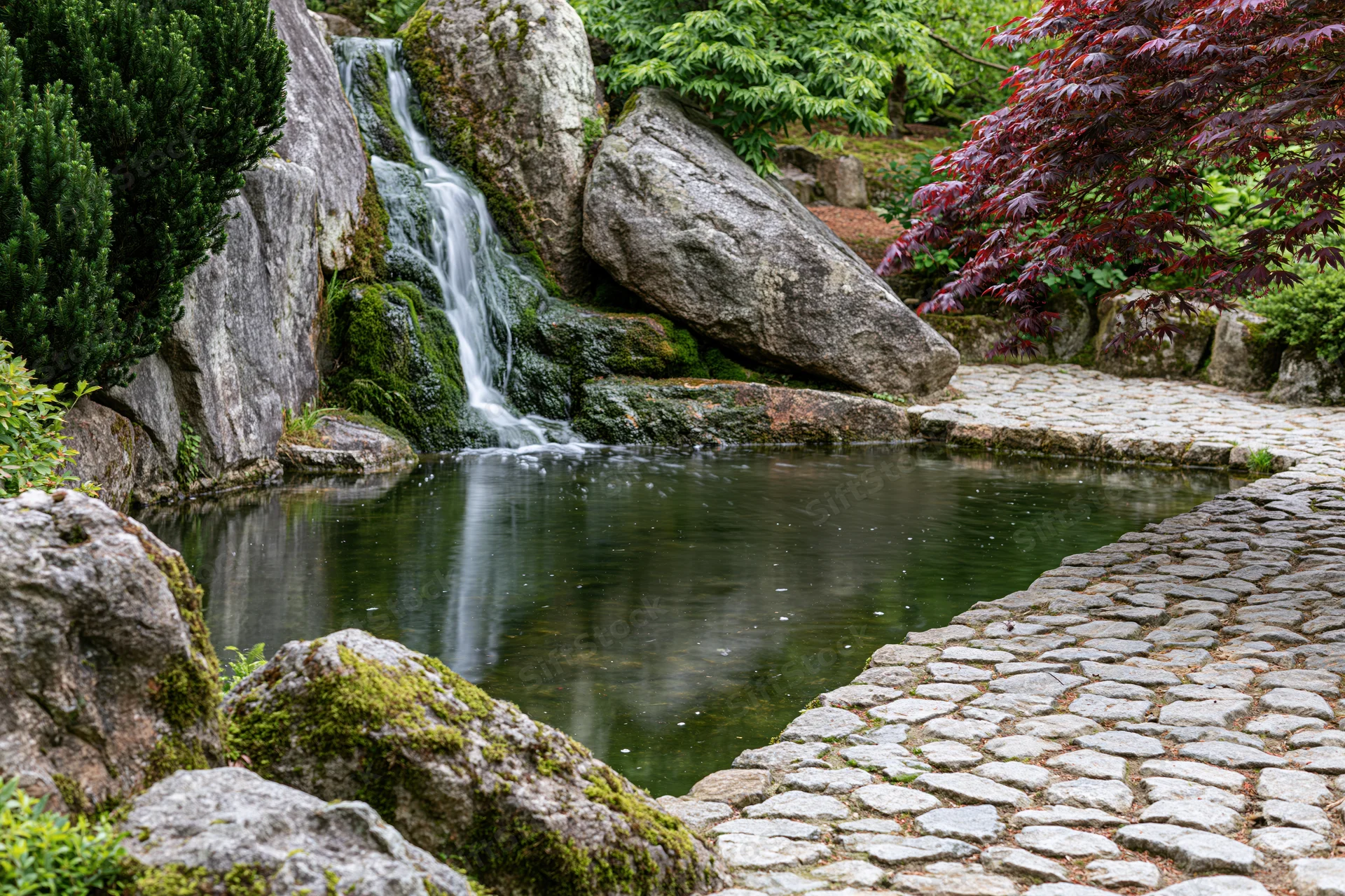Small cascading waterfall flowing over mossy granite boulders into a still pond beside a cobblestone garden path